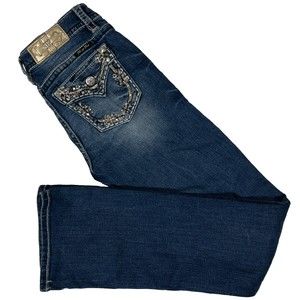 Miss Me Blue Denim Mid Rise Boot Cut Jeans Size 27/34 Embellished Sequins Stones